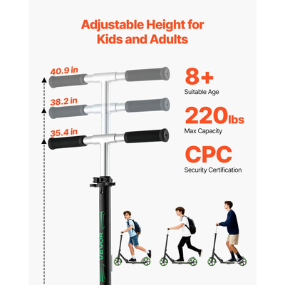 Πατίνι VEVOR για παιδιά 8+ ετών, εφήβους και ενήλικες, δίτροχο πατίνι για νήπια με ρυθμιζόμενο ύψος τιμονιού, φαρδύ αντιολισθητικό δάπεδο, πτυσσόμενο ελαφρύ για αγόρια και κορίτσια έως 99,8 κιλά, μαύρο + πράσινο