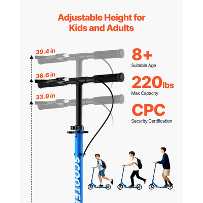 Πατίνι VEVOR για παιδιά 8+ ετών, εφήβους και ενήλικες, δίτροχο πατίνι για νήπια με ρυθμιζόμενο ύψος τιμονιού, φαρδύ αντιολισθητικό δάπεδο, πτυσσόμενο ελαφρύ για αγόρια και κορίτσια έως 99,8 κιλά, μαύρο + μπλε