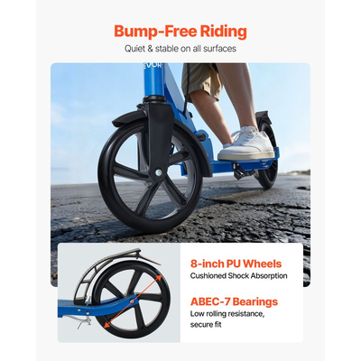 Πατίνι VEVOR για παιδιά 8+ ετών, εφήβους και ενήλικες, δίτροχο πατίνι για νήπια με ρυθμιζόμενο ύψος τιμονιού, φαρδύ αντιολισθητικό δάπεδο, πτυσσόμενο ελαφρύ για αγόρια και κορίτσια έως 99,8 κιλά, μαύρο + μπλε