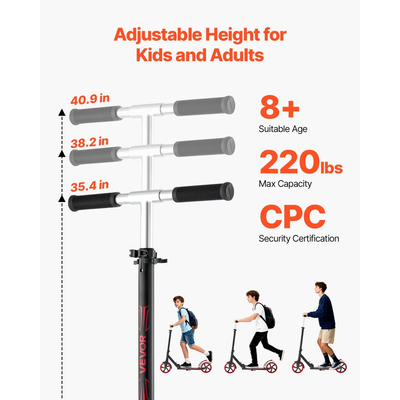Πατίνι VEVOR για παιδιά 8+ ετών, εφήβους και ενήλικες, δίτροχο πατίνι για νήπια με ρυθμιζόμενο ύψος τιμονιού, φαρδύ αντιολισθητικό δάπεδο, πτυσσόμενο ελαφρύ για αγόρια και κορίτσια έως 99,8 κιλά, μαύρο + κόκκινο