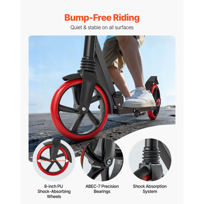 Πατίνι VEVOR για παιδιά 8+ ετών, εφήβους και ενήλικες, δίτροχο πατίνι για νήπια με ρυθμιζόμενο ύψος τιμονιού, φαρδύ αντιολισθητικό δάπεδο, πτυσσόμενο ελαφρύ για αγόρια και κορίτσια έως 99,8 κιλά, μαύρο + κόκκινο