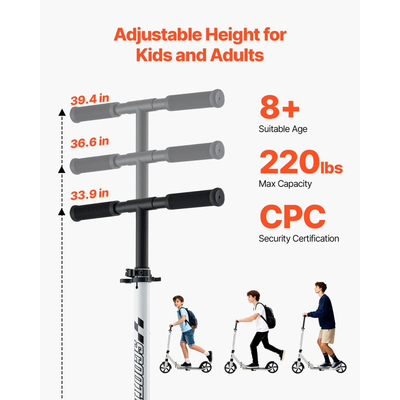 Πατίνι VEVOR για παιδιά 8+ ετών, εφήβους και ενήλικες, δίτροχο πατίνι για νήπια με ρυθμιζόμενο ύψος τιμονιού, φαρδύ αντιολισθητικό δάπεδο, πτυσσόμενο ελαφρύ για αγόρια και κορίτσια έως 99,8 κιλά, λευκό + μαύρο