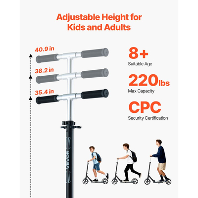 Πατίνι VEVOR για παιδιά 8+ ετών, εφήβους και ενήλικες, δίτροχο πατίνι για νήπια με ρυθμιζόμενο ύψος τιμονιού, φαρδιά αντιολισθητική βάση, πτυσσόμενο ελαφρύ πλαίσιο για αγόρια και κορίτσια έως 99,8 kg, μαύρο