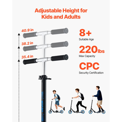 Πατίνι VEVOR για παιδιά 8+ ετών, εφήβους και ενήλικες, δίτροχο πατίνι για νήπια με ρυθμιζόμενο ύψος τιμονιού, φαρδύ αντιολισθητικό δάπεδο, πτυσσόμενο ελαφρύ πλαίσιο για αγόρια και κορίτσια έως 99,8 kg, μπλε