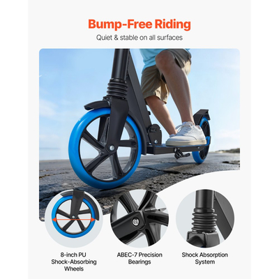 Πατίνι VEVOR για παιδιά 8+ ετών, εφήβους και ενήλικες, δίτροχο πατίνι για νήπια με ρυθμιζόμενο ύψος τιμονιού, φαρδύ αντιολισθητικό δάπεδο, πτυσσόμενο ελαφρύ πλαίσιο για αγόρια και κορίτσια έως 99,8 kg, μπλε