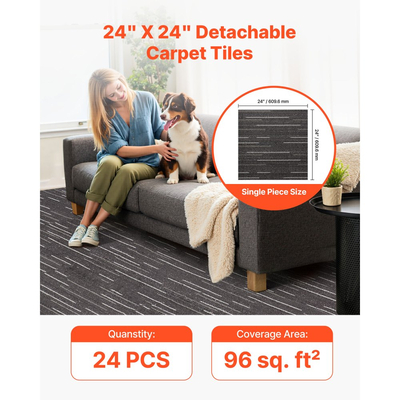 Πλακάκια χαλιού VEVOR Επαναχρησιμοποιούμενα 610x610 mm, 24 τεμάχια αρθρωτό τετράγωνο χαλί, Εμπορικό δάπεδο με μαλακή επένδυση για κάλυψη χωρίς ραφές 8,9㎡, Εύκολη αντικατάσταση DIY για σαλόνι, υπνοδωμάτιο, γραφείο, εσωτερικό, γκρι