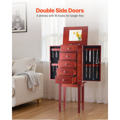 Ντουλάπι κοσμημάτων VEVOR, Ξύλινο συρτάρι αποθήκευσης κοσμημάτων με 4 ευρύχωρα συρτάρια, αναδιπλούμενος καθρέφτης, 4 επάνω διαμερίσματα αποθήκευσης, λαβές από κράμα ψευδαργύρου, 2 πλαϊνές πόρτες με 16 γάντζους κολιέ