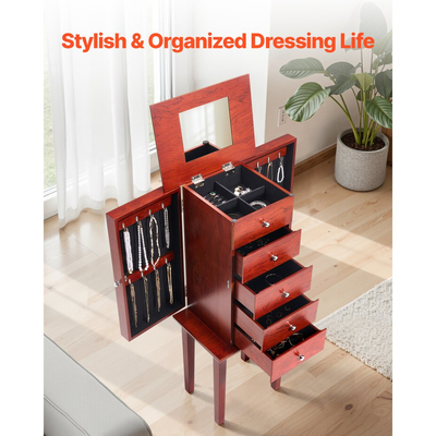 Ντουλάπι κοσμημάτων VEVOR, Ξύλινο συρτάρι αποθήκευσης κοσμημάτων με 4 ευρύχωρα συρτάρια, αναδιπλούμενος καθρέφτης, 4 επάνω διαμερίσματα αποθήκευσης, λαβές από κράμα ψευδαργύρου, 2 πλαϊνές πόρτες με 16 γάντζους κολιέ