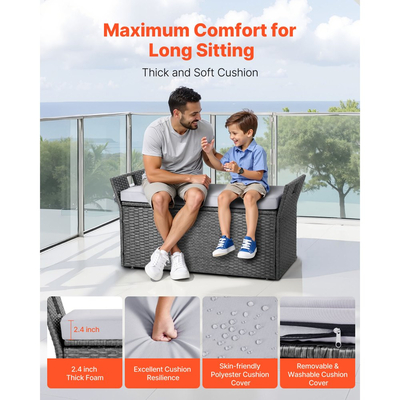 Πάγκος αποθήκευσης εξωτερικού χώρου VEVOR, Πάγκος αποθήκευσης 2 ατόμων από PE Rattan, Κουτί καταστρώματος 151L με μαξιλάρι και πλαϊνή λαβή, Υποστηρίζει έως 181kg, Ανθεκτικό στις καιρικές συνθήκες καθιστικό εξωτερικού χώρου και διακόσμηση βεράντας για βεράντα, κήπο, μπαλκόνι