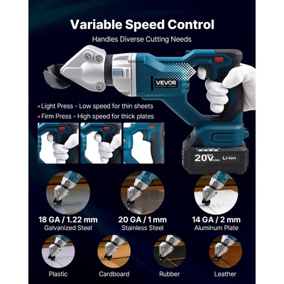 Ψαλίδι Μετάλλου VEVOR, Ασύρματο Κόφτης Λαμαρινιού με Κεφαλή Περιστροφής 360 Μοιρών, Διπλές Λεπίδες, 220VAC 20VDC, Κόβει 1,22 mm Γαλβανισμένο Χάλυβα, 1 mm Ανοξείδωτο Χάλυβα, Αλουμίνιο, Πλαστικό, Χαρτόνι, 2800SPM