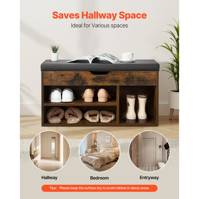Πάγκος Παπουτσιών VEVOR Εισόδου, Οργανωτής Αποθήκευσης Παπουτσιών 805 x 305 x 445 mm με Κρυφό Ανυψωτικό Χώρο Αποθήκευσης, Πάγκος 130 κιλών με Μαξιλάρι και 3 Ντουλάπια για Διάδρομο, Σαλόνι, Υπνοδωμάτιο, Καφέ + Μαύρο