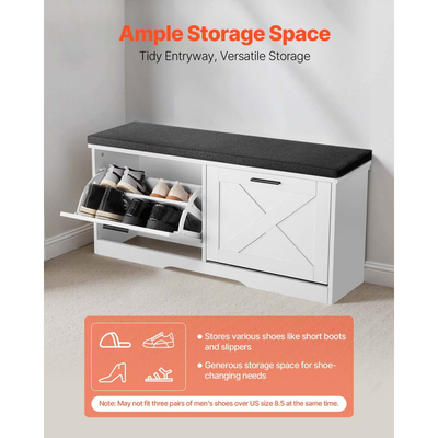Πάγκος αποθήκευσης παπουτσιών VEVOR εισόδου, 1000 x 305 x 475 mm οργάνωση παπουτσιών με αναδιπλούμενα συρτάρια, στενός πάγκος παπουτσιών 440lbs με μαξιλάρι και αναδιπλούμενες πόρτες, για διάδρομο, σαλόνι, υπνοδωμάτιο, μαύρο + λευκό