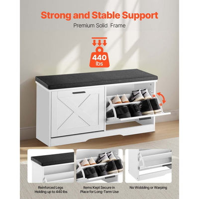 Πάγκος αποθήκευσης παπουτσιών VEVOR εισόδου, 1000 x 305 x 475 mm οργάνωση παπουτσιών με αναδιπλούμενα συρτάρια, στενός πάγκος παπουτσιών 440lbs με μαξιλάρι και αναδιπλούμενες πόρτες, για διάδρομο, σαλόνι, υπνοδωμάτιο, μαύρο + λευκό
