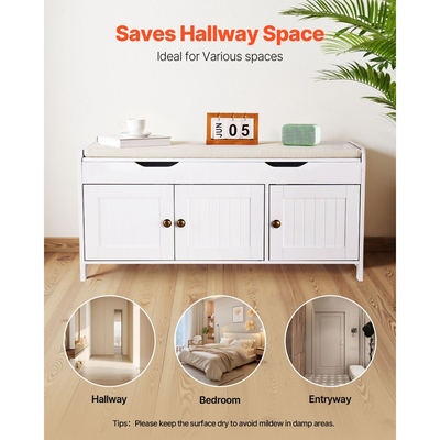 Πάγκος Παπουτσιών VEVOR, Πάγκος Εισόδου 1050 x 350 x 503 mm με Ανυψούμενη Αποθήκευση και Μαξιλάρι Καθίσματος, Ράφι Αποθήκευσης Παπουτσιών 250 λίβρες με 3 Ντουλάπια και Ράφι Ρυθμιζόμενου Ύψους, για Υπνοδωμάτιο, Διάδρομο, Λευκό + Μαύρο