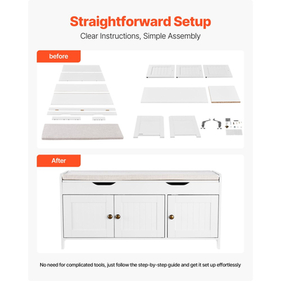 Πάγκος Παπουτσιών VEVOR, Πάγκος Εισόδου 1050 x 350 x 503 mm με Ανυψούμενη Αποθήκευση και Μαξιλάρι Καθίσματος, Ράφι Αποθήκευσης Παπουτσιών 250 λίβρες με 3 Ντουλάπια και Ράφι Ρυθμιζόμενου Ύψους, για Υπνοδωμάτιο, Διάδρομο, Λευκό + Μαύρο