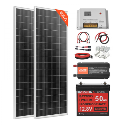 Πλήρες κιτ ηλιακής ενέργειας VVEVOR 200W 12V, 2 τεμάχια μονοκρυσταλλικά ηλιακά πάνελ 100W + μπαταρία LiFePO₄ 12,8V 50Ah + ρυθμιστής φόρτισης 40A + μετατροπέας ισχύος 800W, ιδανικό για τροχόσπιτο, σπίτι, κάμπινγκ, σκάφος, εκτός δικτύου