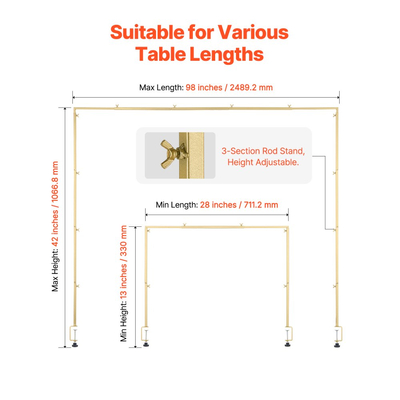 Βάση στήριξης VEVOR με σφιγκτήρες, ύψος 13"-42" και ρυθμιζόμενο μήκος 28"-98", 2 τεμάχια βάσης αψίδας τραπεζιού, επιτραπέζια αψίδα με μπαλόνι για χριστουγεννιάτικες διακοσμήσεις γάμου, πάρτι γενεθλίων, χρυσό