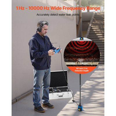 Ανιχνευτής διαρροών νερού VEVOR για εξωτερικούς χώρους, 1Hz-10000Hz, Εντοπιστής διαρροών με οθόνη αφής LCD για υπόγειες υδραυλικές εγκαταστάσεις 5 μέτρων - με μεσαίο και μεγάλο αισθητήρα, 3 ακρόαση, ακουστικά και θήκη