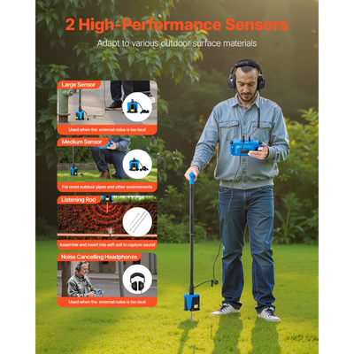 Ανιχνευτής διαρροών νερού VEVOR για εξωτερικούς χώρους, 1Hz-10000Hz, Εντοπιστής διαρροών με οθόνη αφής LCD για υπόγειες υδραυλικές εγκαταστάσεις 5 μέτρων - με μεσαίο και μεγάλο αισθητήρα, 3 ακρόαση, ακουστικά και θήκη