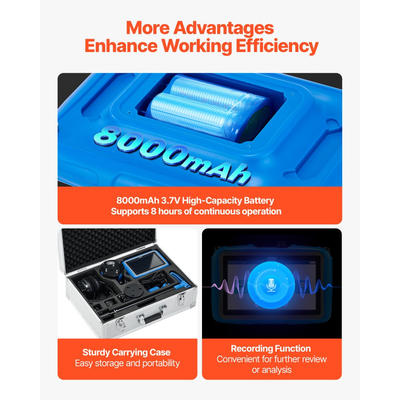 Ανιχνευτής διαρροών νερού VEVOR με 4 αισθητήρες, 1Hz-10000Hz, οθόνη αφής LCD, ανιχνευτής διαρροών υπόγειων υδραυλικών εγκαταστάσεων με 3 ακρόαση, ακουστικά, κάρτα 8GB και θήκη μεταφοράς για εσωτερικούς και εξωτερικούς χώρους