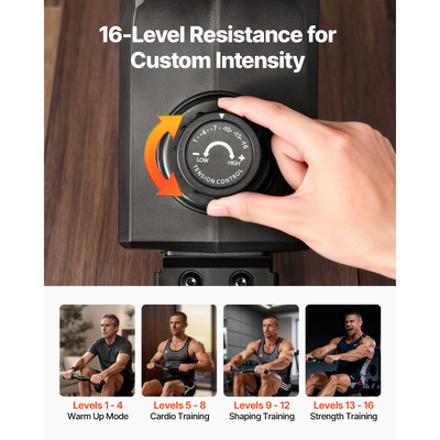 Μαγνητική μηχανή κωπηλασίας VEVOR, αθόρυβη αντίσταση 16 επιπέδων, ρυθμιζόμενη, πτυσσόμενη μηχανή κωπηλασίας για το σπίτι, χωρητικότητα βάρους 158 κιλών, μηχανήματα κωπηλασίας με σχεδιασμό ομαλής τροχαλίας, συμβατό με εφαρμογή Bluetooth και οθόνη LCD