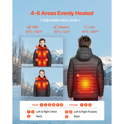 Θερμαινόμενο μπουφάν VEVOR για άνδρες με μπαταρία 7.4V, ηλεκτρικό θερμαινόμενο παλτό με μαλακό κέλυφος, αντιανεμικό ελαφρύ εξωτερικό ένδυμα με 6 ζώνες θέρμανσης και 3 ρυθμίσεις θερμότητας για πεζοπορία, εργασία σε εξωτερικούς χώρους, μαύρο