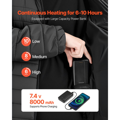 Θερμαινόμενο μπουφάν VEVOR για άνδρες με μπαταρία 7.4V, ηλεκτρικό θερμαινόμενο παλτό με μαλακό κέλυφος, αντιανεμικό ελαφρύ εξωτερικό ένδυμα με 6 ζώνες θέρμανσης και 3 ρυθμίσεις θερμότητας για πεζοπορία, εργασία σε εξωτερικούς χώρους, μαύρο