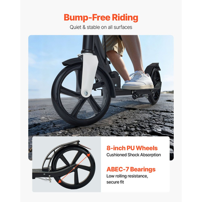 Πατίνι VEVOR για παιδιά 8+ ετών, εφήβους και ενήλικες, δίτροχο πατίνι για νήπια με ρυθμιζόμενο ύψος τιμονιού, φαρδύ αντιολισθητικό δάπεδο, πτυσσόμενο ελαφρύ για αγόρια και κορίτσια έως 99,8 κιλά, μαύρο + ασημί