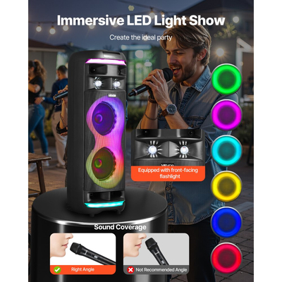 Μηχανή Καραόκε VEVOR για Ενήλικες, 80W, Φορητό Ηχείο Bluetooth 8 ιντσών με 2 Ασύρματα Μικρόφωνα, Φως LED, Λειτουργία TWS, Ροδάκια με Κυλιόμενους Τροχούς, Υποστηρίζει Κάρτα Micro TF, USB, AUX, για Πάρτι Καραόκε στο Σπίτι