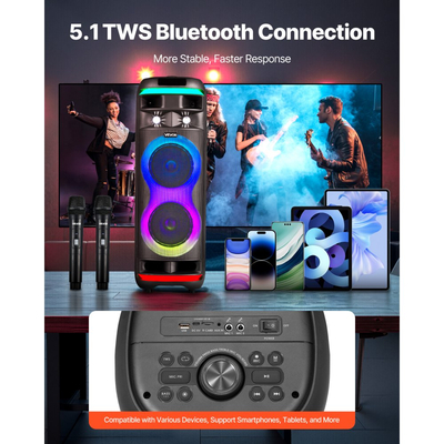 Μηχανή Καραόκε VEVOR για Ενήλικες, 80W, Φορητό Ηχείο Bluetooth 8 ιντσών με 2 Ασύρματα Μικρόφωνα, Φως LED, Λειτουργία TWS, Ροδάκια με Κυλιόμενους Τροχούς, Υποστηρίζει Κάρτα Micro TF, USB, AUX, για Πάρτι Καραόκε στο Σπίτι