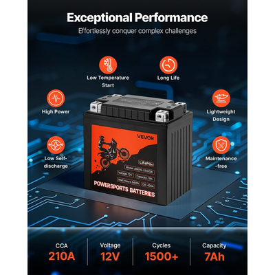 Μπαταρία μοτοσικλέτας VEVOR, 12 Volt 7Ah, προφορτισμένη μπαταρία λιθίου LiFePO4 για Powersports, χωρίς συντήρηση και υψηλής απόδοσης, συμβατή με ATV, μοτοσικλέτα, τζετ σκι, σκούτερ, UTV και άλλα