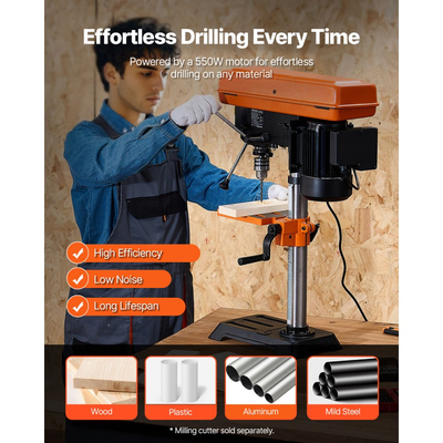 Επιτραπέζιο τρυπάνι VEVOR 254 mm, επαγωγικός κινητήρας 550W, επιτραπέζιο τρυπάνι με ρυθμιζόμενη ταχύτητα 550 / 950 / 1500 / 2000 / 2500 σ.α.λ., τραπέζι εργασίας με κλίση 0-45°, τοποθέτηση ακτίνων Χ, για ξύλο και μέταλλο