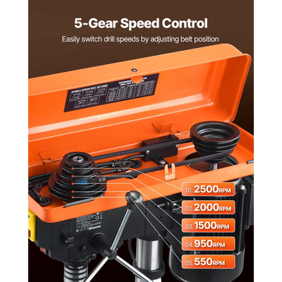 Επιτραπέζιο τρυπάνι VEVOR 254 mm, επαγωγικός κινητήρας 550W, επιτραπέζιο τρυπάνι με ρυθμιζόμενη ταχύτητα 550 / 950 / 1500 / 2000 / 2500 σ.α.λ., τραπέζι εργασίας με κλίση 0-45°, τοποθέτηση ακτίνων Χ, για ξύλο και μέταλλο