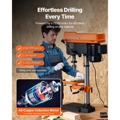 Πρέσα Δράπανου Πάγκου VEVOR 304,8 mm, 750W, Πρέσα Δράπανου Πάγκου Μεταβλητής Ταχύτητας 340-2200 RPM, με τραπέζι εργασίας με κλίση 0-45°, Φως Εργασίας LED, Ρύθμιση Θέσης Ακτίνων Χ, Επιτραπέζια Μηχανή Δράπανου για Ξύλο και Μέταλλο