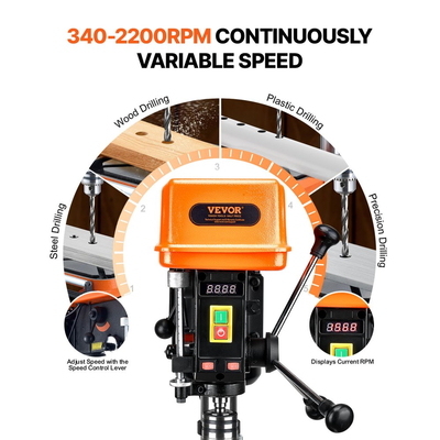 Πρέσα Δράπανου Πάγκου VEVOR 304,8 mm, 750W, Πρέσα Δράπανου Πάγκου Μεταβλητής Ταχύτητας 340-2200 RPM, με τραπέζι εργασίας με κλίση 0-45°, Φως Εργασίας LED, Ρύθμιση Θέσης Ακτίνων Χ, Επιτραπέζια Μηχανή Δράπανου για Ξύλο και Μέταλλο