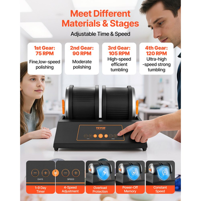 Κιτ γυάλισμα πέτρας VEVOR, κιτ στίλβωσης πέτρας 8 λίβρες, 4 ρυθμίσεις ταχύτητας, χρονοδιακόπτης στίλβωσης 9 ημερών, κιτ στίλβωσης πέτρας, διπλός γυαλιστής πέτρας με προσαρμογέα, γυαλιστής πέτρας για ενήλικες και παιδιά