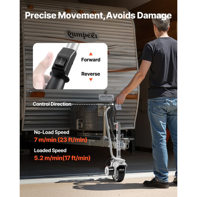 Ηλεκτρικό καρότσι ρυμούλκησης VEVOR, ικανότητα ρυμούλκησης 2,5 T, μηχανοκίνητος τροχός Jockey 380W 12V με ταχύτητα κίνησης 7 m/min, ρυθμιζόμενο ύψος σφιγκτήρα 31-63 cm και ελαστικό λάστιχο 20,3 cm, για κινούμενο τροχόσπιτο