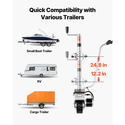 Ηλεκτρικό καρότσι ρυμούλκησης VEVOR, ικανότητα ρυμούλκησης 2,5 T, μηχανοκίνητος τροχός Jockey 380W 12V με ταχύτητα κίνησης 7 m/min, ρυθμιζόμενο ύψος σφιγκτήρα 31-63 cm και ελαστικό λάστιχο 20,3 cm, για κινούμενο τροχόσπιτο