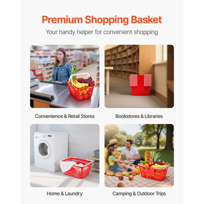 Καλάθια αγορών VEVOR, 12 τεμάχια, πλαστικά καλάθια παντοπωλείου PE 21L με λαβές, πυκνή δομή πλέγματος, χωρητικότητα έως 9,07kg, φορητά για παντοπωλεία, λιανική πώληση, καταστήματα, σούπερ μάρκετ, οικιακή χρήση, κόκκινο