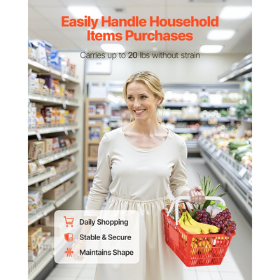 Καλάθια αγορών VEVOR, 4 τεμάχια, πλαστικά καλάθια παντοπωλείου PE 21L με λαβές, πυκνή δομή πλέγματος, χωρητικότητα έως 9,07kg, φορητά για παντοπωλεία, λιανική πώληση, καταστήματα, σούπερ μάρκετ, οικιακή χρήση, κόκκινο