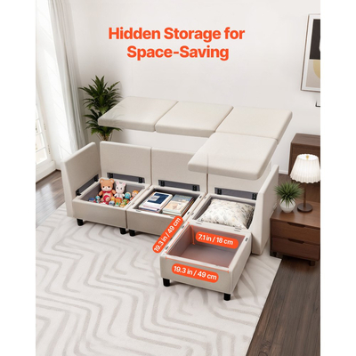 Καναπές VEVOR Modular, Τριθέσιος καναπές με κρυφό αποθηκευτικό χώρο, Καναπές Cloud με σκαμπό και σφουγγάρι υψηλής αναπήδησης, Καναπές με ταπετσαρία από μασίφ ξύλο για σαλόνι, υπνοδωμάτιο, μπεζ