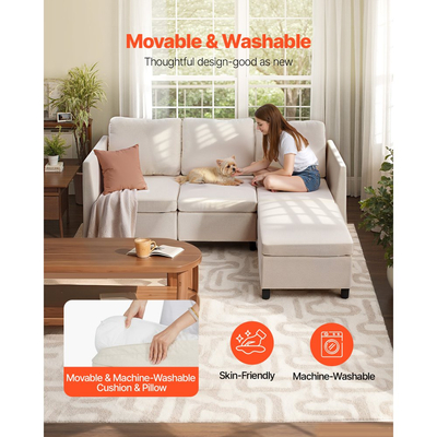 Καναπές VEVOR Modular, Τριθέσιος καναπές με κρυφό αποθηκευτικό χώρο, Καναπές Cloud με σκαμπό και σφουγγάρι υψηλής αναπήδησης, Καναπές με ταπετσαρία από μασίφ ξύλο για σαλόνι, υπνοδωμάτιο, μπεζ