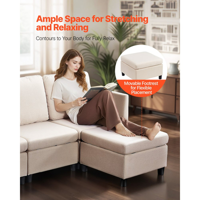 Καναπές VEVOR Modular, Τριθέσιος καναπές με κρυφό αποθηκευτικό χώρο, Καναπές Cloud με σκαμπό και σφουγγάρι υψηλής αναπήδησης, Καναπές με ταπετσαρία από μασίφ ξύλο για σαλόνι, υπνοδωμάτιο, μπεζ