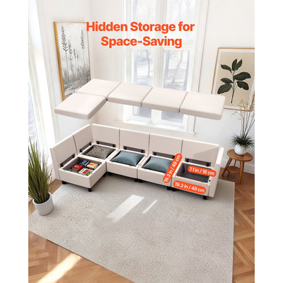 VEVOR Μοντέρνος καναπές 5 θέσεων με κρυφό αποθηκευτικό χώρο, γωνιακός καναπές Cloud με σφουγγάρι υψηλής αναπήδησης, άνετος καναπές με ταπετσαρία από μασίφ ξύλο για σαλόνι, υπνοδωμάτιο, μπεζ