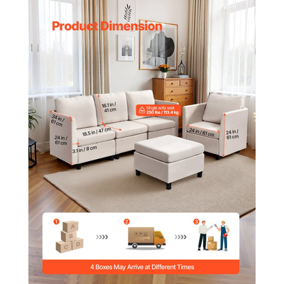 VEVOR Μοντέρνος καναπές 5 θέσεων με κρυφό αποθηκευτικό χώρο, γωνιακός καναπές Cloud με σφουγγάρι υψηλής αναπήδησης, άνετος καναπές με ταπετσαρία από μασίφ ξύλο για σαλόνι, υπνοδωμάτιο, μπεζ