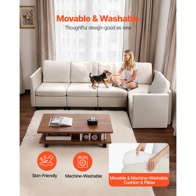 VEVOR Μοντέρνος καναπές 5 θέσεων με κρυφό αποθηκευτικό χώρο, γωνιακός καναπές Cloud με σφουγγάρι υψηλής αναπήδησης, άνετος καναπές με ταπετσαρία από μασίφ ξύλο για σαλόνι, υπνοδωμάτιο, μπεζ