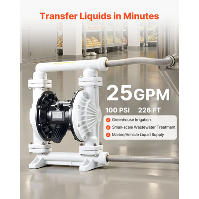 Αεροκίνητη αντλία διπλού διαφράγματος VEVOR, μέγιστη 94,64 LPM, τυπική αντλία μεταφοράς χρησιμοποιημένων λαδιών εισόδου και εξόδου, σώμα πολυπροπυλενίου, διπλά διαφράγματα, για ντίζελ, γράσο, κηροζίνη, βενζίνη