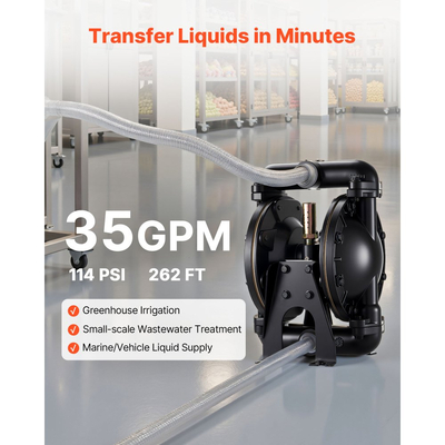 Αεροκίνητη αντλία διπλού διαφράγματος VEVOR, μέγιστη 132,49 LPM, τυπική αντλία εισόδου και εξόδου αέρα, πνευματική αντλία μεταφοράς χρησιμοποιημένων λαδιών, σώμα από κράμα αλουμινίου, διπλά διαφράγματα, για ντίζελ, γράσο, κηροζίνη, βενζίνη