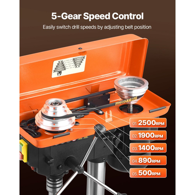 Πρέσα Δράπανου VEVOR 203,2 mm Πάγκου, Κινητήρας Επαγωγής 500W, Επιτραπέζιο Δράπανο με Ρυθμιζόμενη Ταχύτητα 500 / 890 / 1400 / 1900 / 2500 RPM, Κλίση 0-45° Τραπέζι Εργασίας, Φως Εργασίας LED, για Ξύλο και Μέταλλο