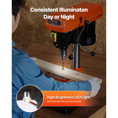 Πρέσα Δράπανου VEVOR 203,2 mm Πάγκου, Κινητήρας Επαγωγής 500W, Επιτραπέζιο Δράπανο με Ρυθμιζόμενη Ταχύτητα 500 / 890 / 1400 / 1900 / 2500 RPM, Κλίση 0-45° Τραπέζι Εργασίας, Φως Εργασίας LED, για Ξύλο και Μέταλλο